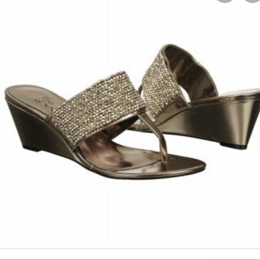 Gunmetal grey wedge slides with jewel accents